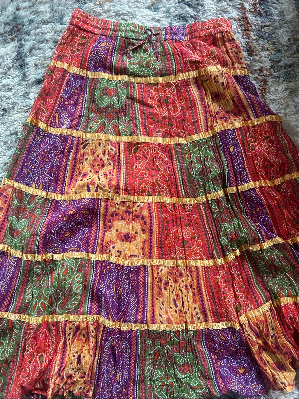Notations Multicolor Boho Tiered Maxi Skirt - Red, Purple & Green with Gold Trim